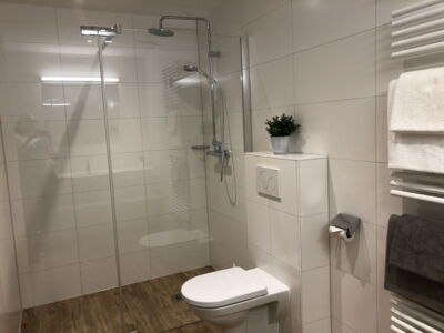 Großes Badezimmer mit Toilette und Handtuchtrockner in der Ferienwohnung Top 2 im Appartement Schwab Ski-In & Ski-Out in Schladming Rohrmoos an der Piste der 4-Berge-Skischaukel