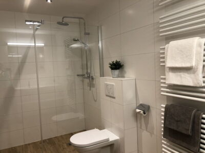 Großes Badezimmer mit Toilette und Handtuchtrockner in der Ferienwohnung Top1 im Appartement Schwab Ski-In & Ski-Out in Schladming Rohrmoos an der Piste der 4-Berge-Skischaukel